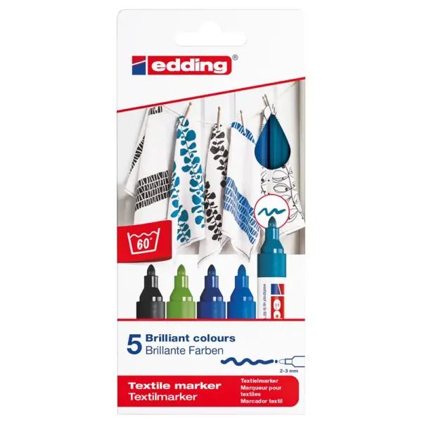 Set 5 Marcadores Textiles Edding E-4500/5 Col. Frios