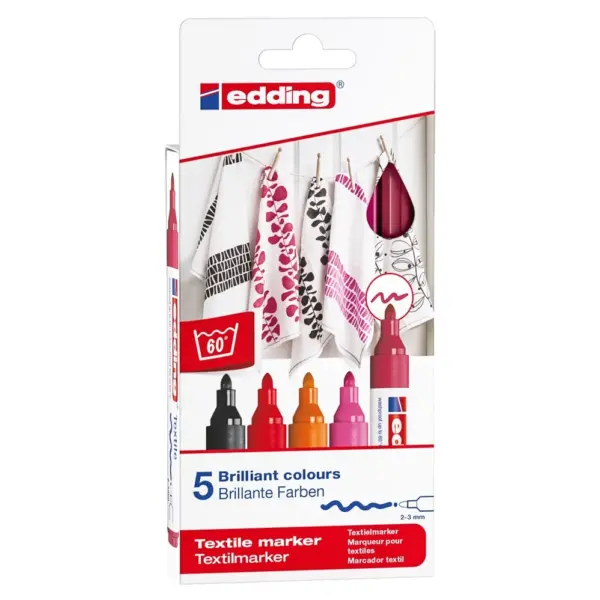 Set 5 Marcadores Textiles Edding E-4500/5 Col. Calidos
